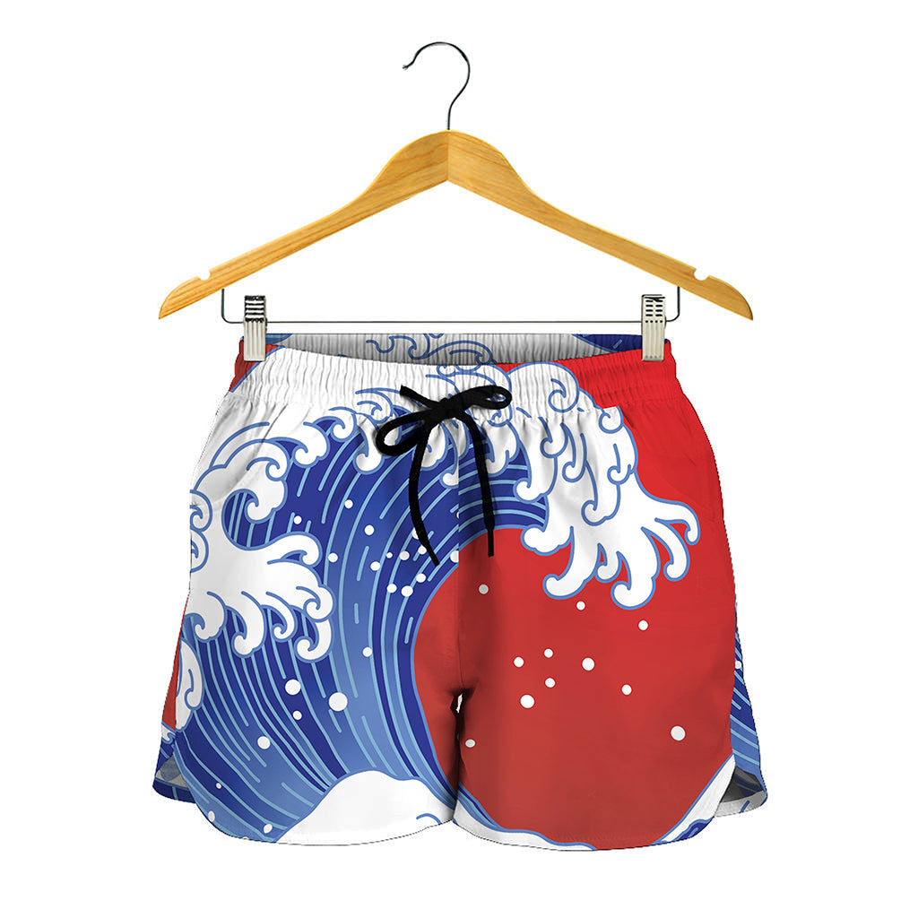 Red Sun Japanese Wave Print Women's Shorts