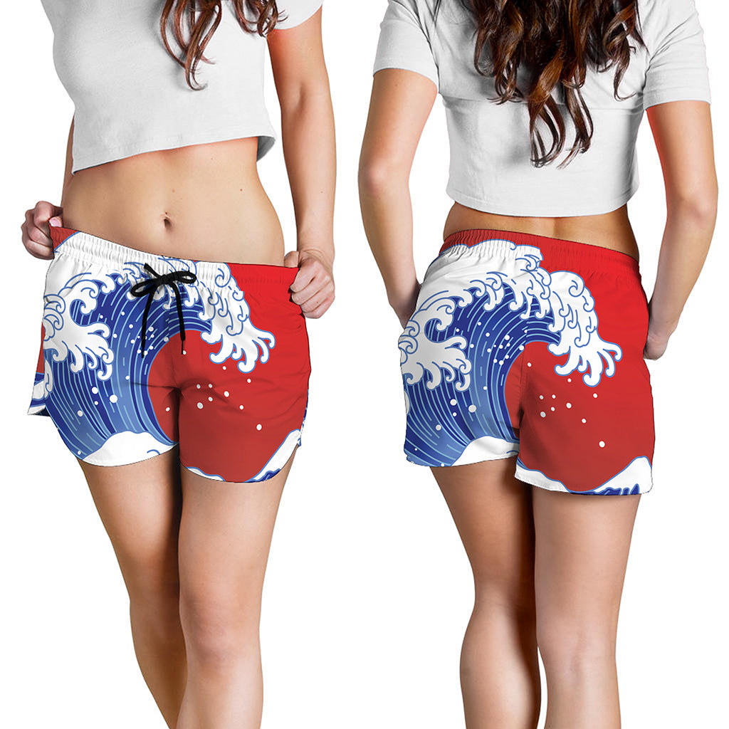 Red Sun Japanese Wave Print Women's Shorts