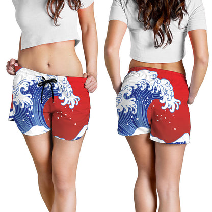 Red Sun Japanese Wave Print Women's Shorts