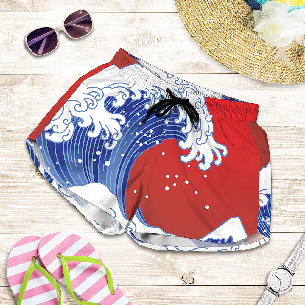 Red Sun Japanese Wave Print Women's Shorts