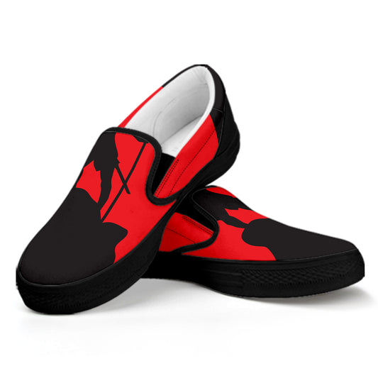 Red Sun Samurai Print Black Slip On Shoes