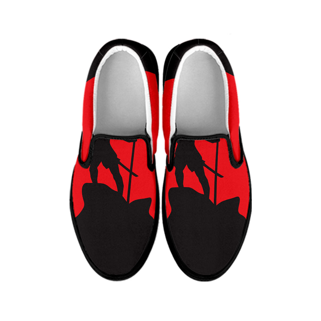 Red Sun Samurai Print Black Slip On Shoes