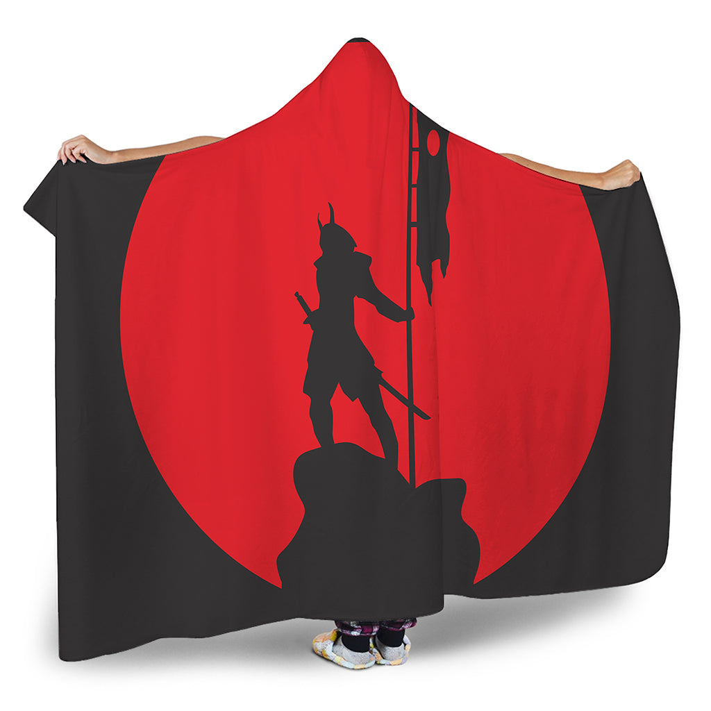Red Sun Samurai Print Hooded Blanket