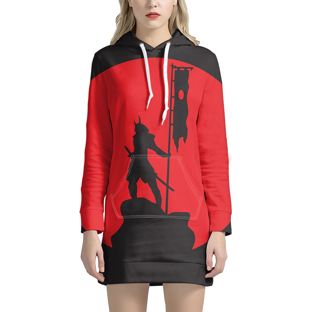 Red Sun Samurai Print Pullover Hoodie Dress