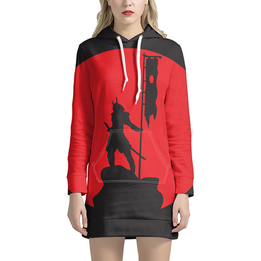 Red Sun Samurai Print Pullover Hoodie Dress