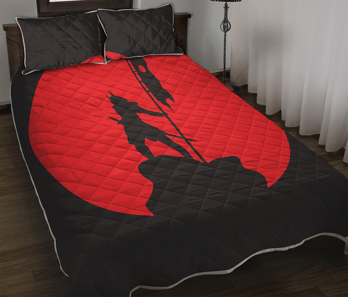 Red Sun Samurai Print Quilt Bed Set