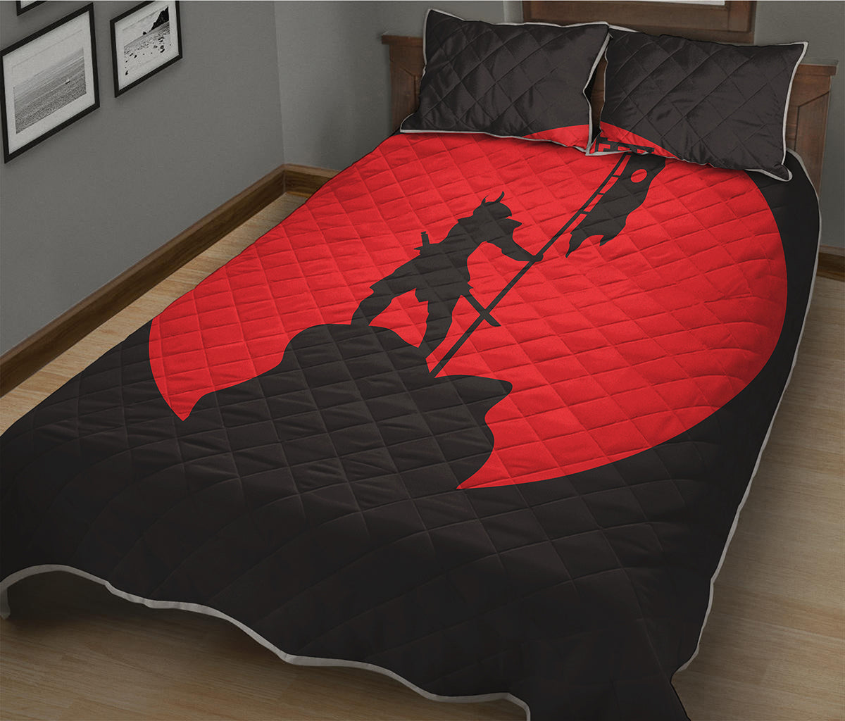 Red Sun Samurai Print Quilt Bed Set