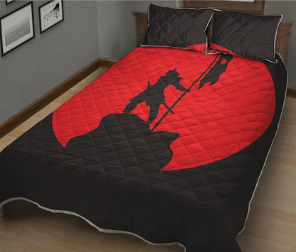 Red Sun Samurai Print Quilt Bed Set