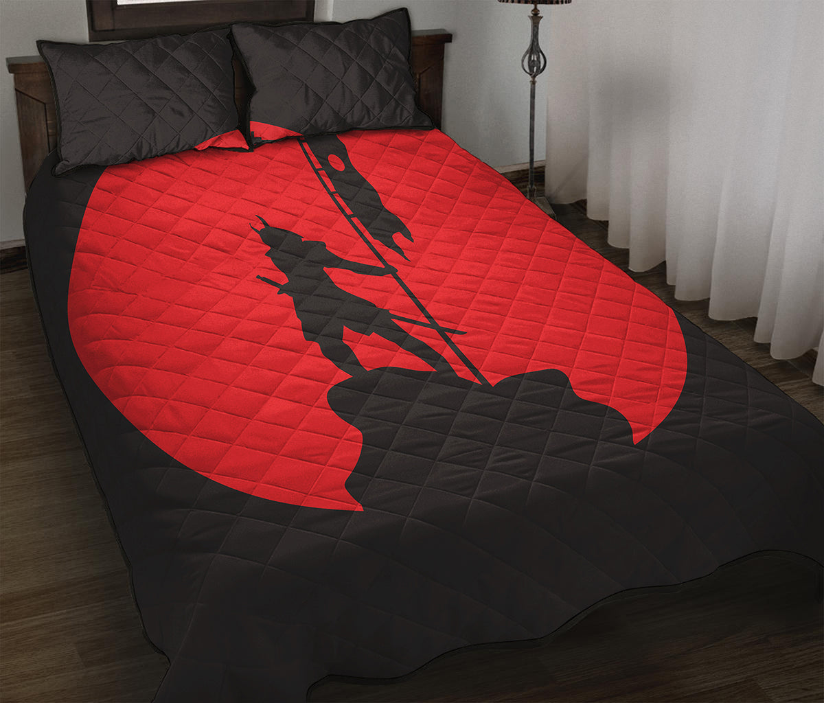 Red Sun Samurai Print Quilt Bed Set