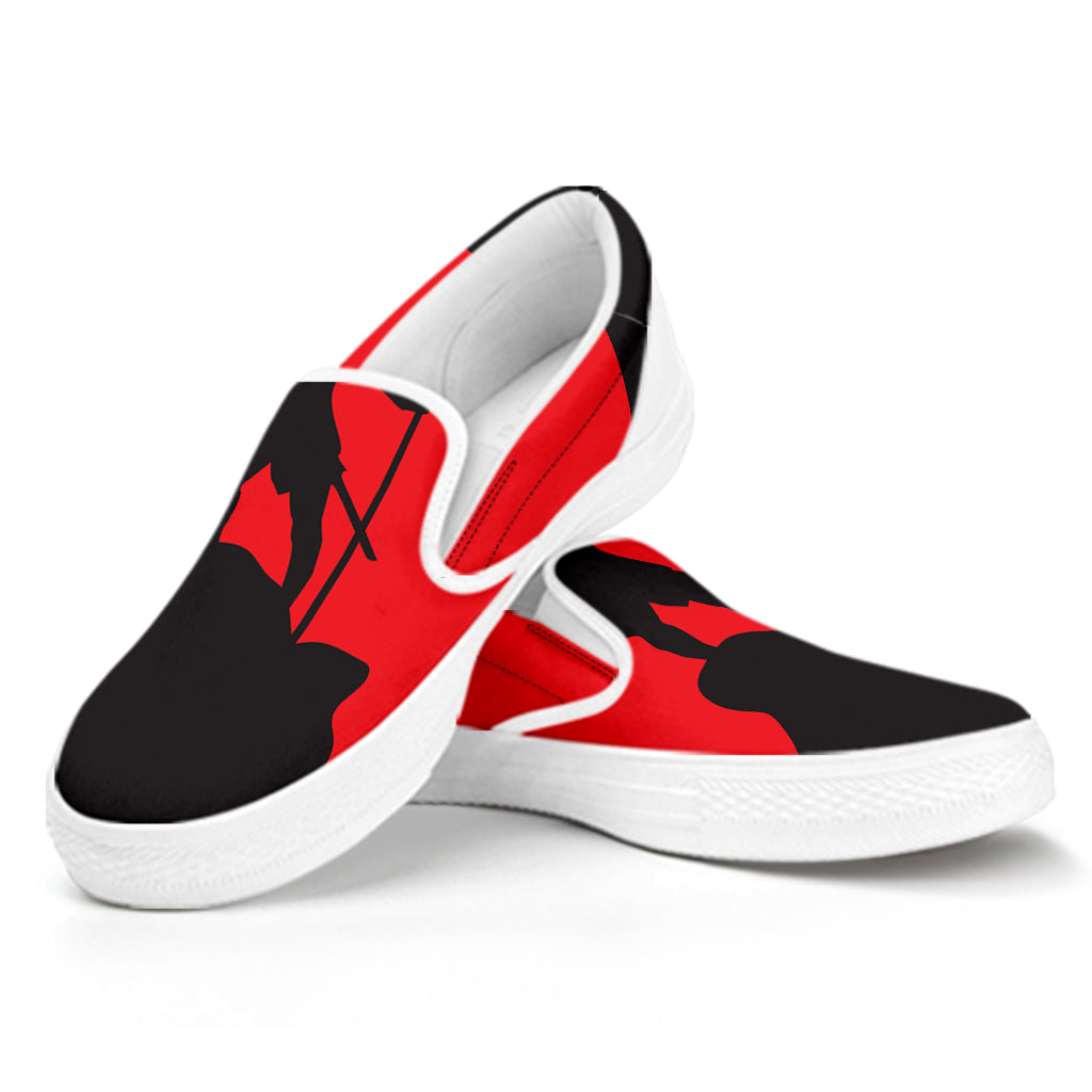 Red Sun Samurai Print White Slip On Shoes