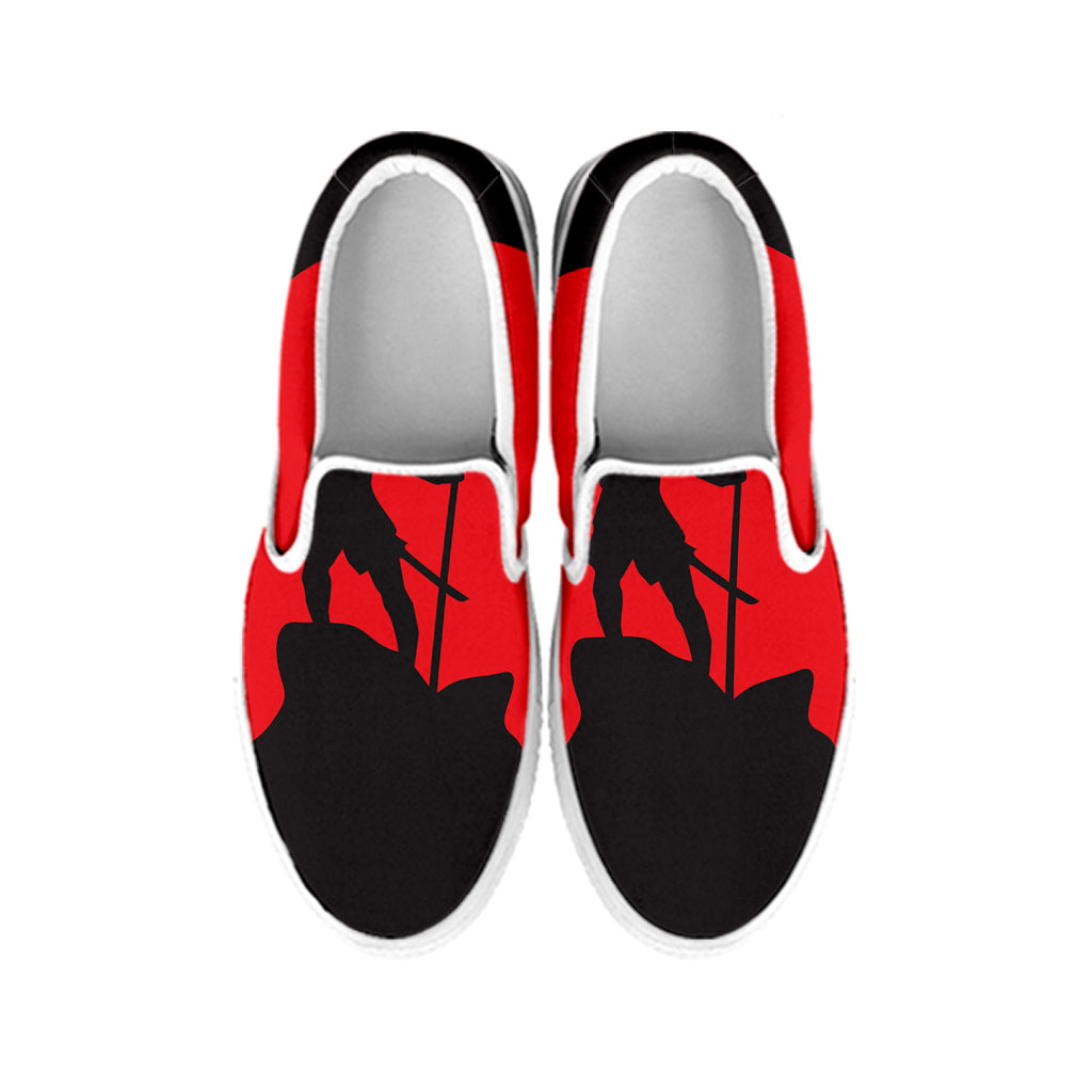 Red Sun Samurai Print White Slip On Shoes