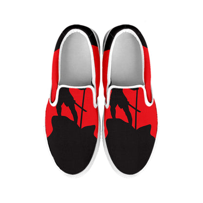 Red Sun Samurai Print White Slip On Shoes