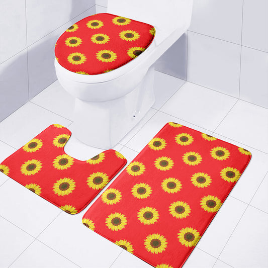 Red Sunflower Pattern Print 3 Piece Bath Mat Set