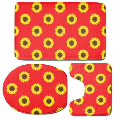 Red Sunflower Pattern Print 3 Piece Bath Mat Set