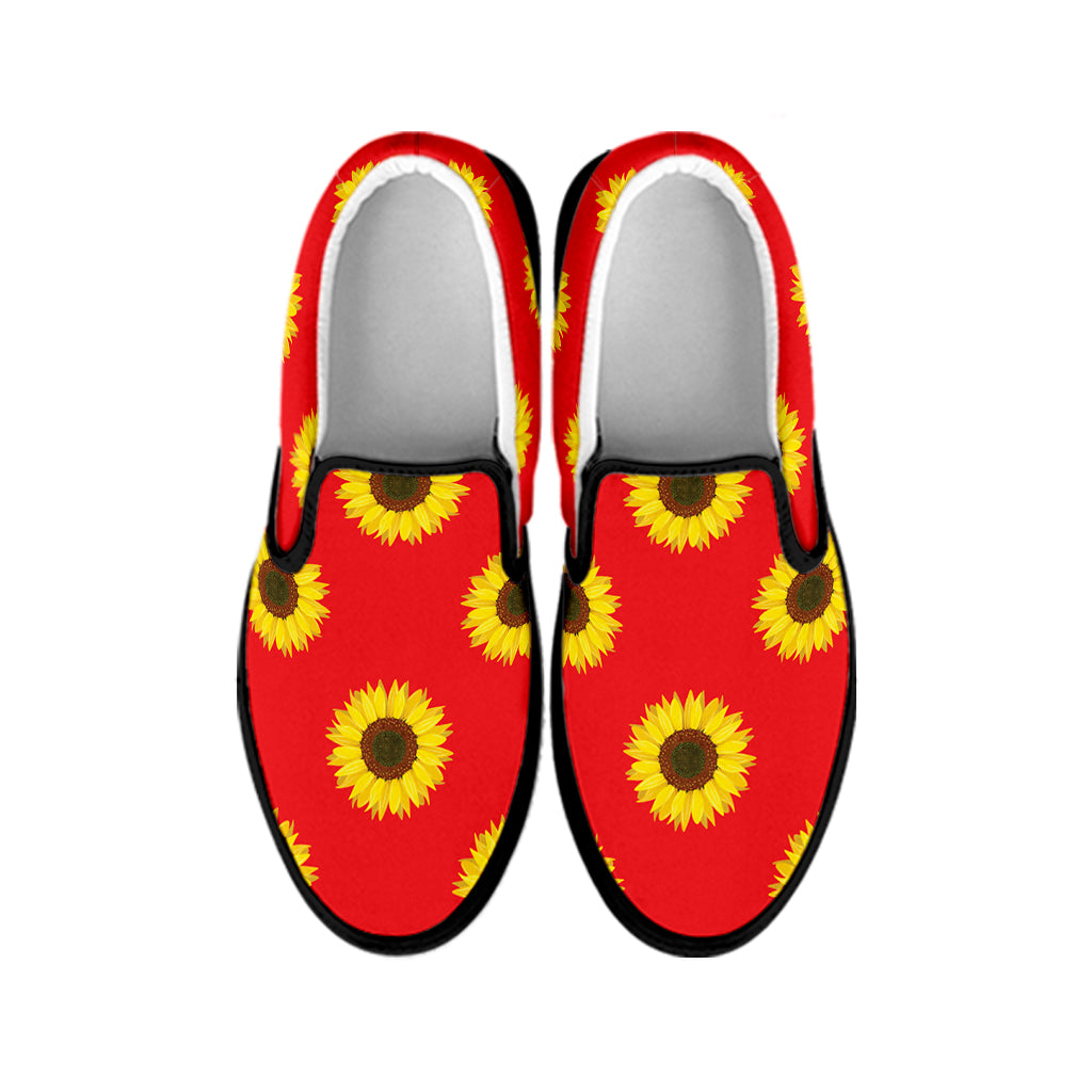 Red Sunflower Pattern Print Black Slip On Shoes