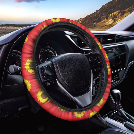 Red Sunflower Pattern Print Car Steering Wheel Cover