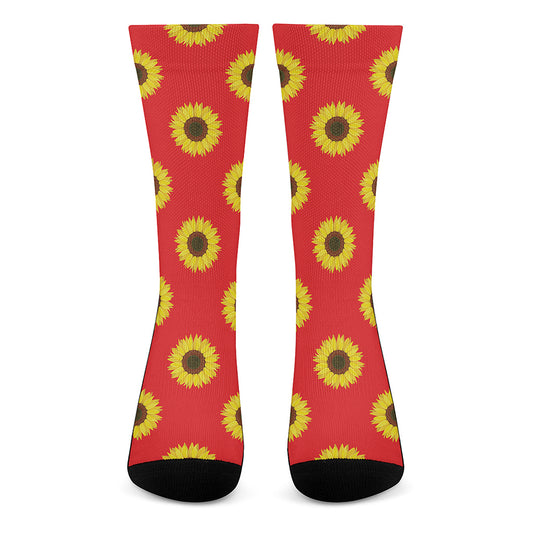 Red Sunflower Pattern Print Crew Socks