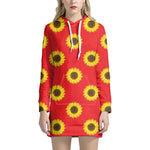 Red Sunflower Pattern Print Hoodie Dress