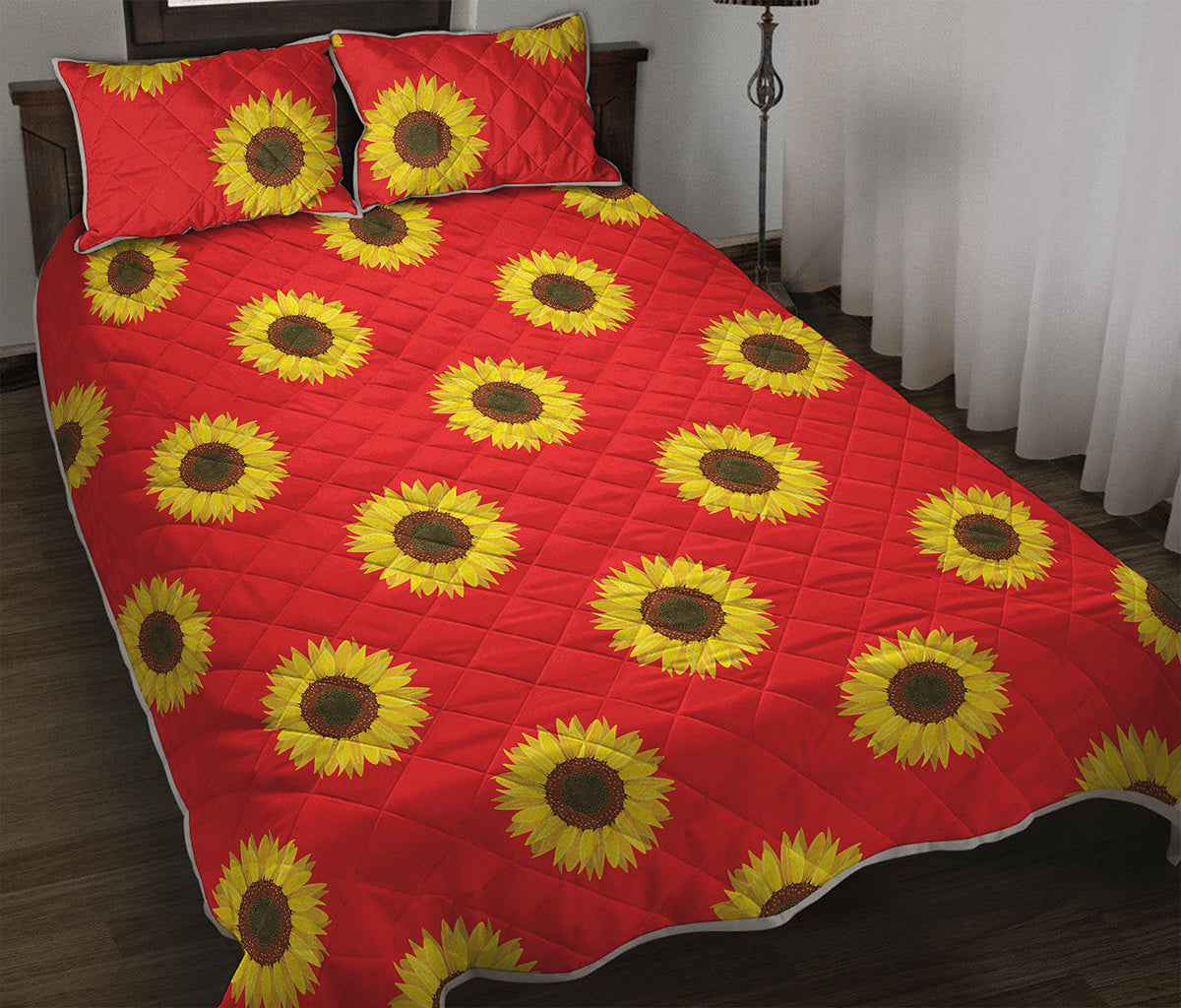 Red Sunflower Pattern Print Quilt Bed Set