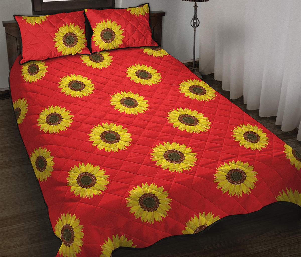 Red Sunflower Pattern Print Quilt Bed Set