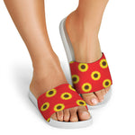 Red Sunflower Pattern Print White Slide Sandals