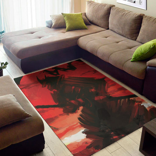 Red Sunset Samurai Print Area Rug