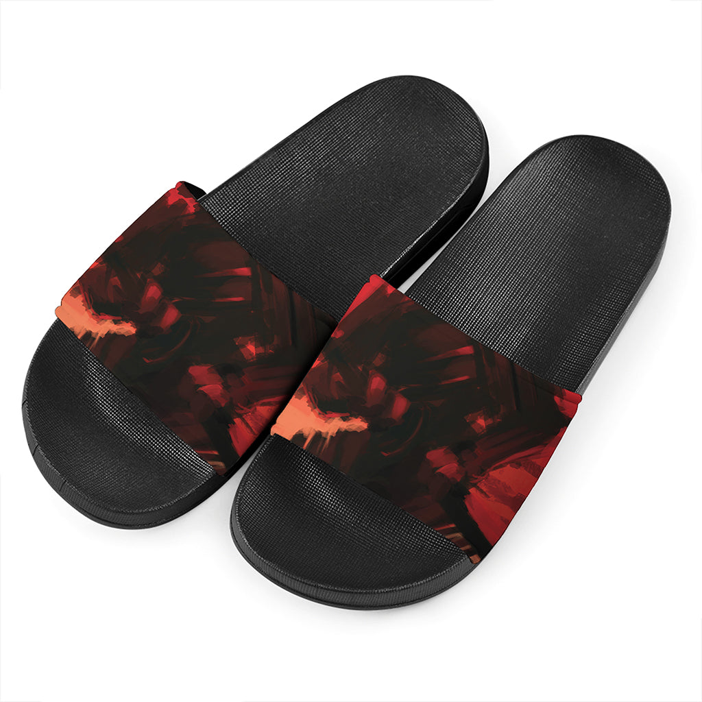Red Sunset Samurai Print Black Slide Sandals