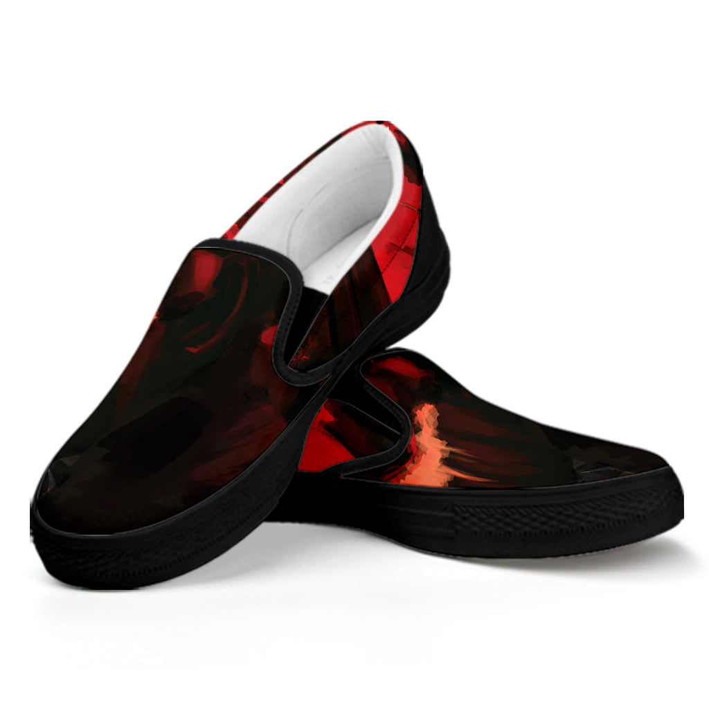 Red Sunset Samurai Print Black Slip On Shoes