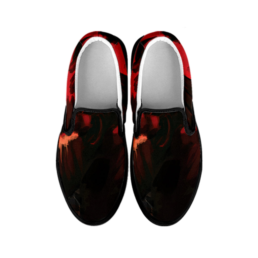 Red Sunset Samurai Print Black Slip On Shoes