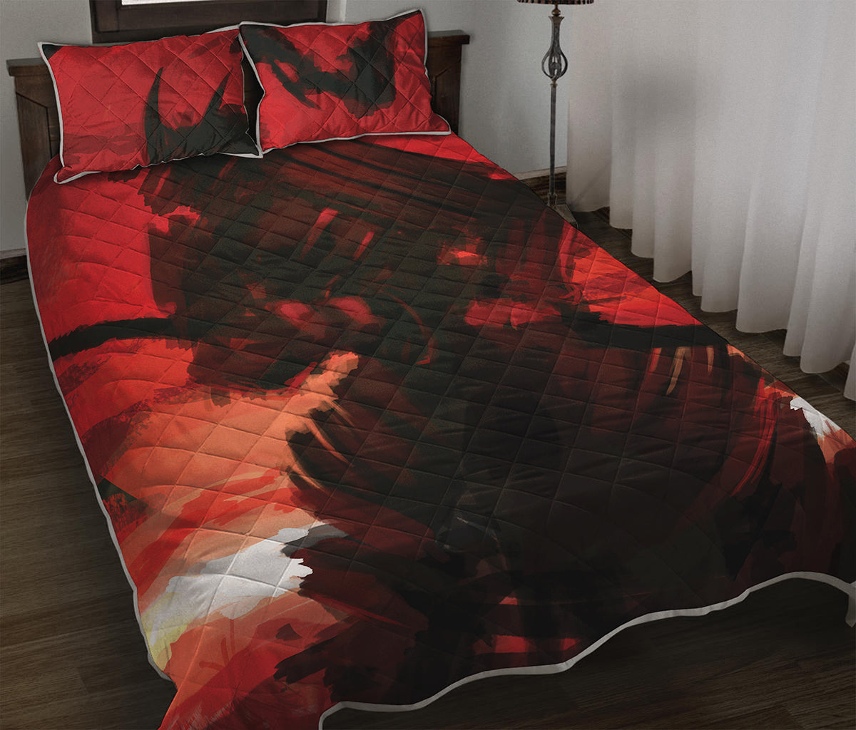 Red Sunset Samurai Print Quilt Bed Set