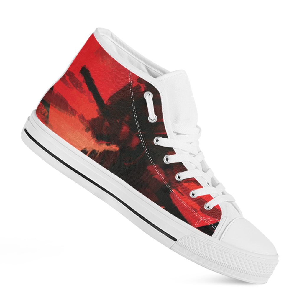 Red Sunset Samurai Print White High Top Shoes