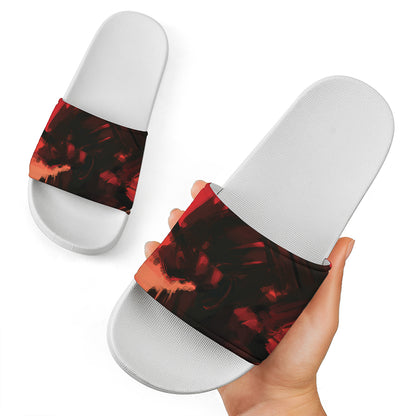 Red Sunset Samurai Print White Slide Sandals