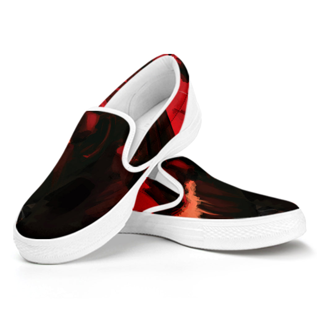 Red Sunset Samurai Print White Slip On Shoes