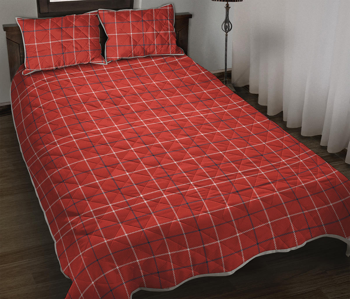 Red Tattersall Pattern Print Quilt Bed Set