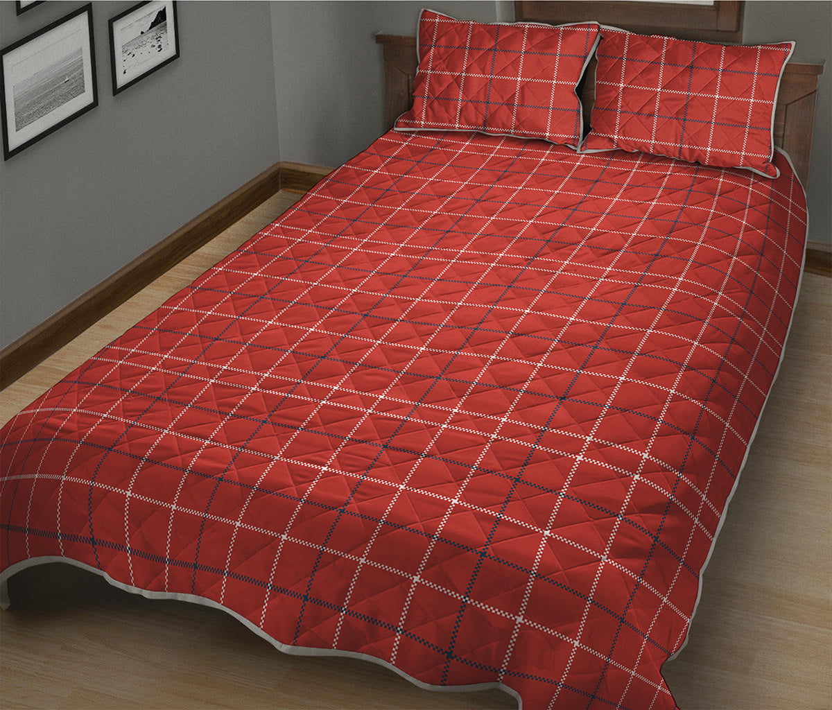 Red Tattersall Pattern Print Quilt Bed Set