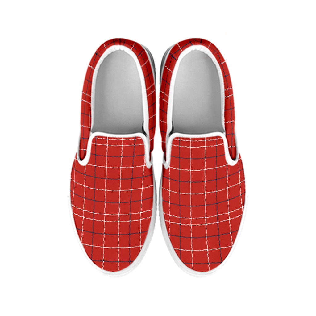 Red Tattersall Pattern Print White Slip On Shoes