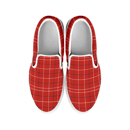 Red Tattersall Pattern Print White Slip On Shoes