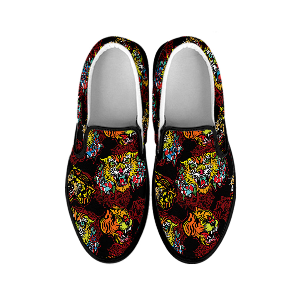 Red Tiger Tattoo Pattern Print Black Slip On Shoes