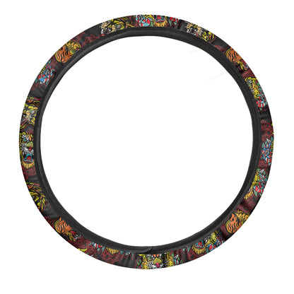 Red Tiger Tattoo Pattern Print Car Steering Wheel Cover