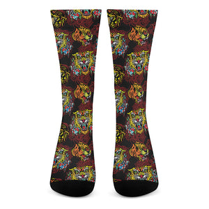 Red Tiger Tattoo Pattern Print Crew Socks