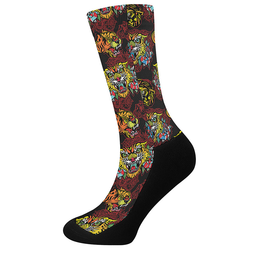 Red Tiger Tattoo Pattern Print Crew Socks