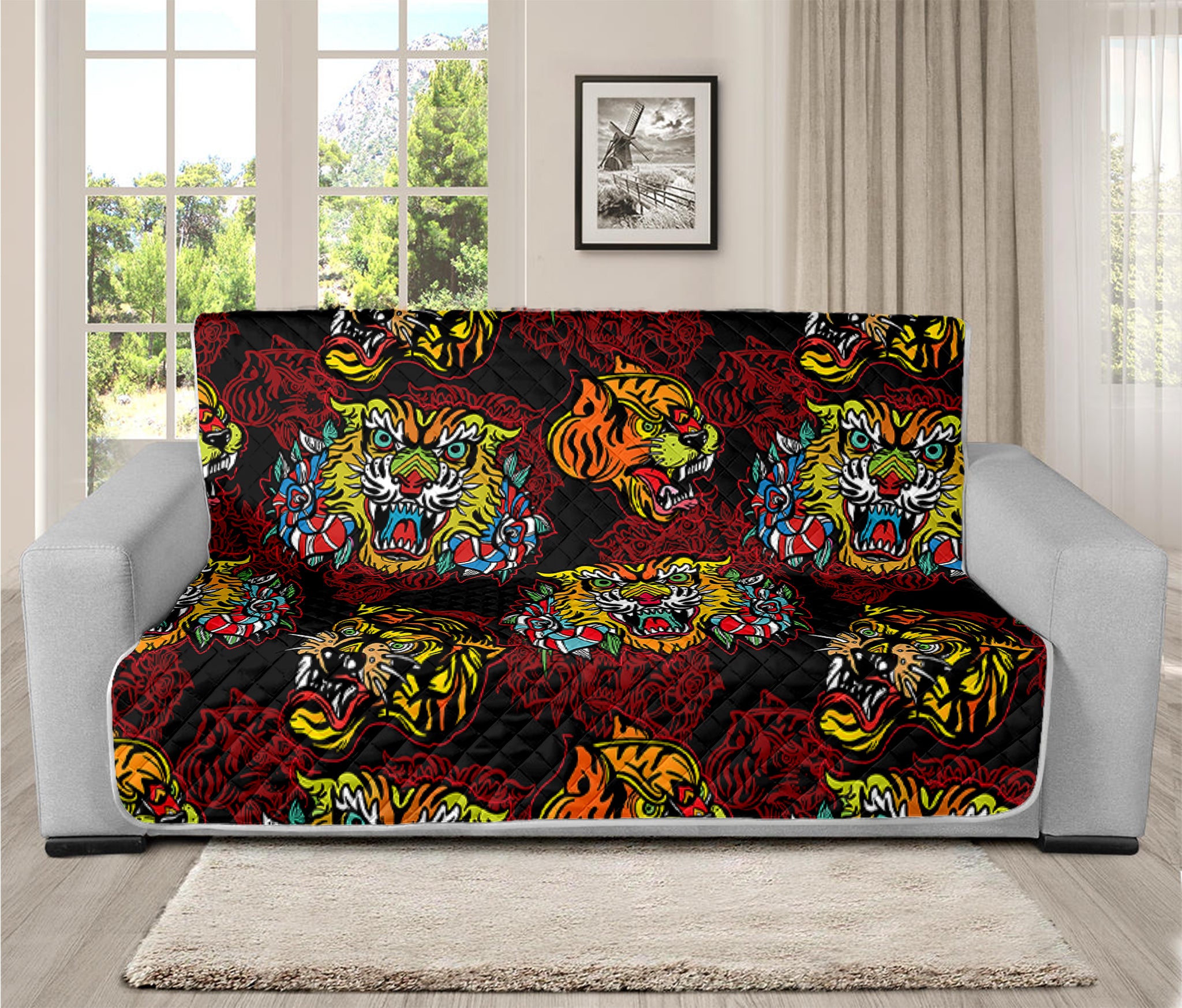 Red Tiger Tattoo Pattern Print Futon Protector