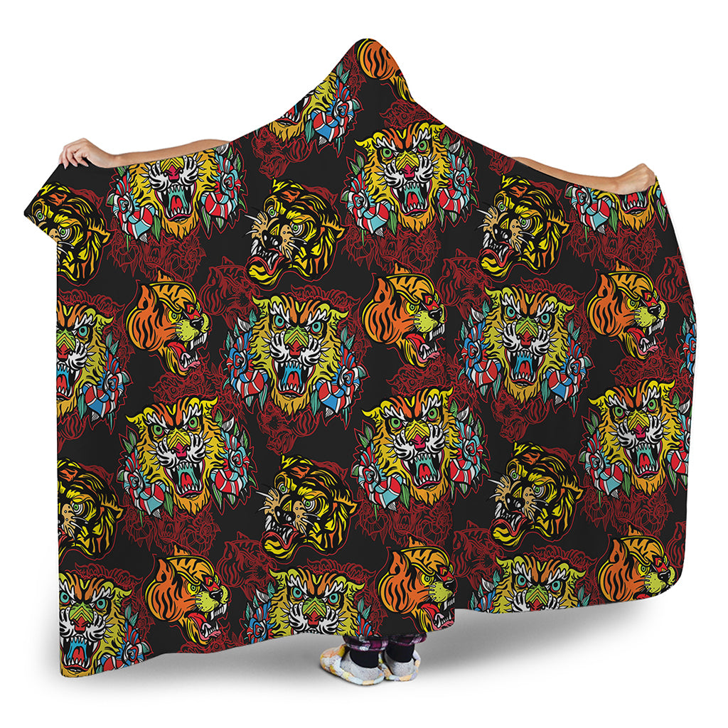 Red Tiger Tattoo Pattern Print Hooded Blanket