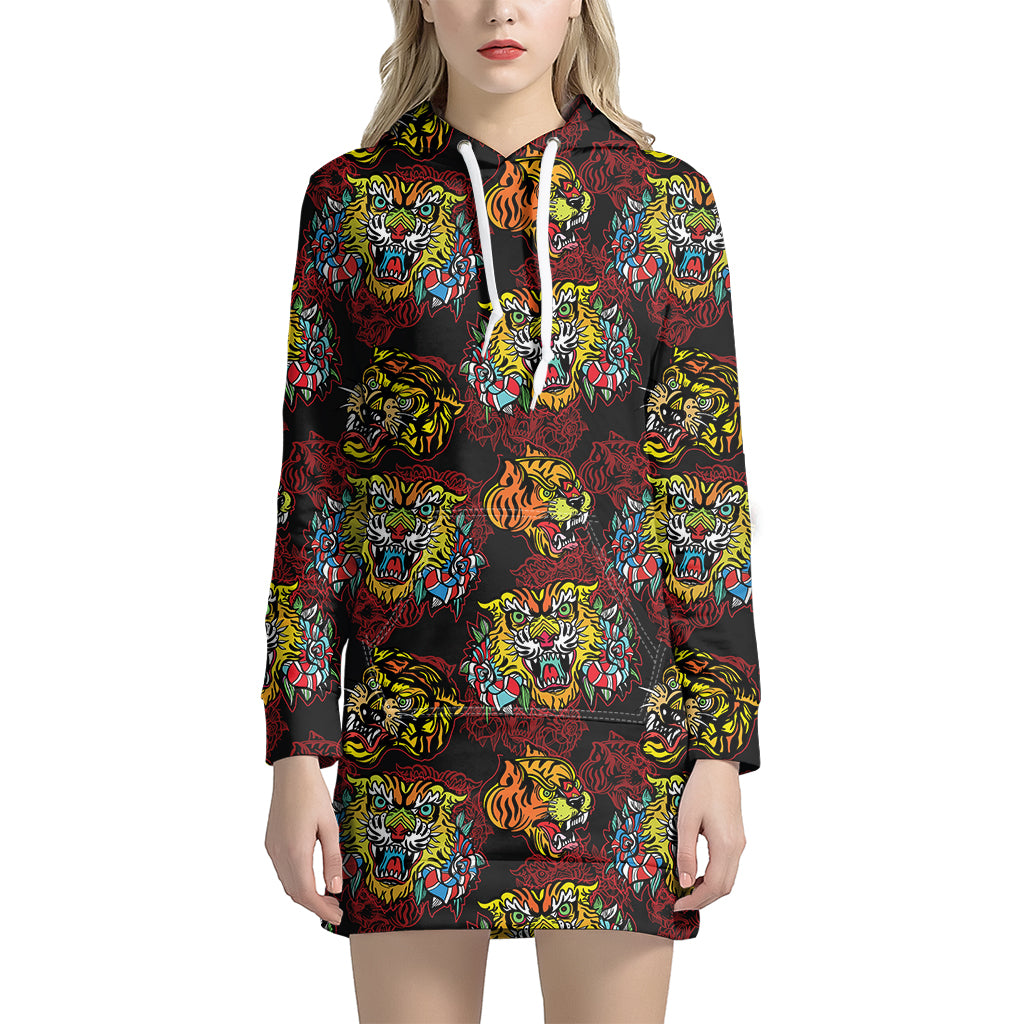 Red Tiger Tattoo Pattern Print Hoodie Dress