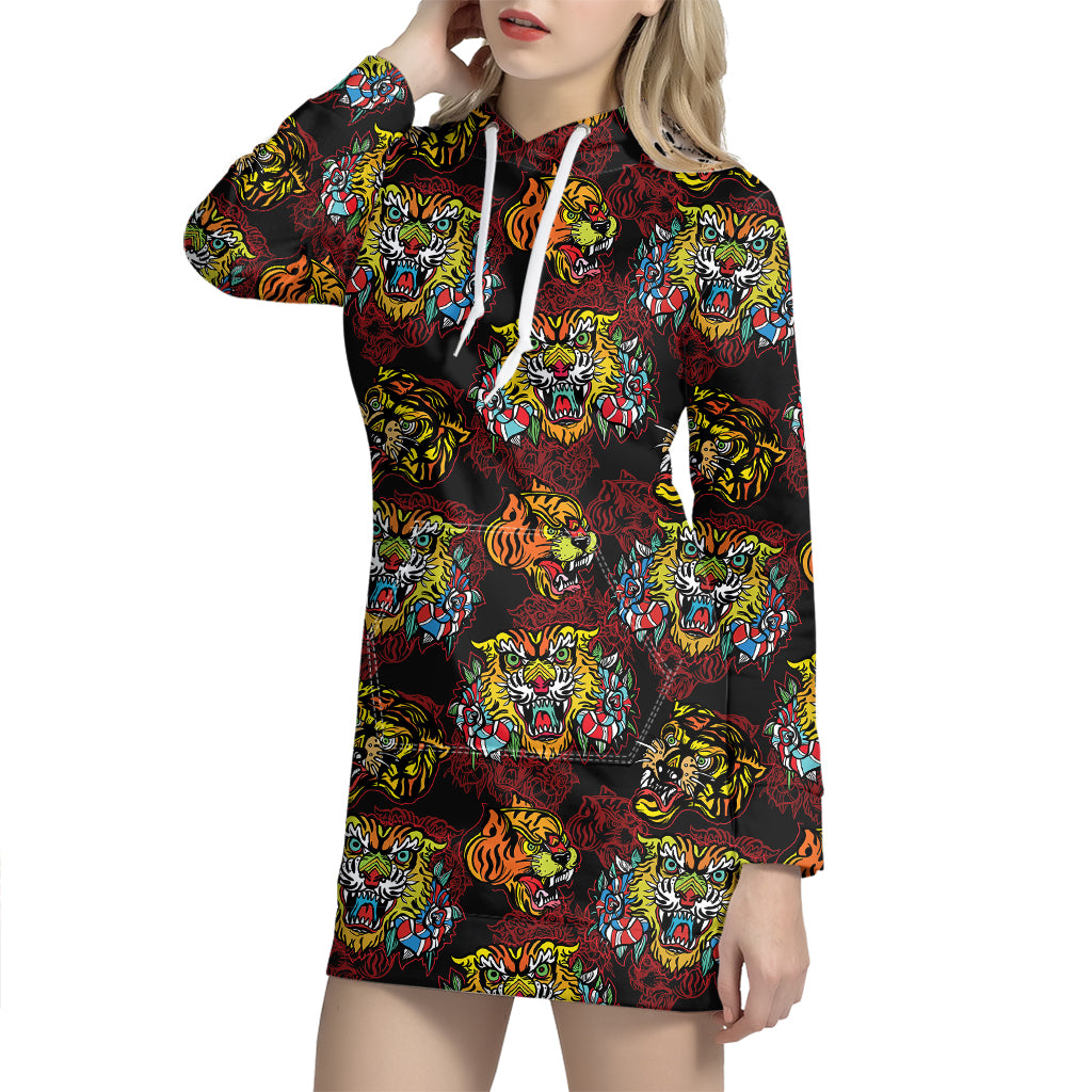 Red Tiger Tattoo Pattern Print Hoodie Dress