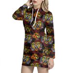 Red Tiger Tattoo Pattern Print Hoodie Dress