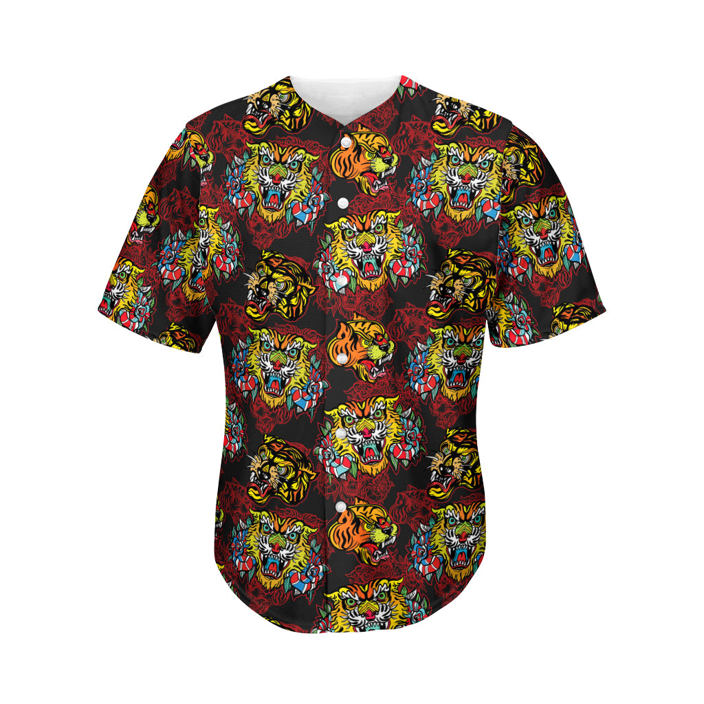 Red Tiger Tattoo Pattern Print Men's Baseball Jersey