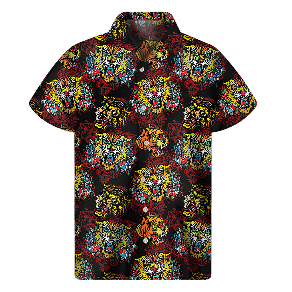 Red Tiger Tattoo Pattern Print Men's Short Sleeve Shirt