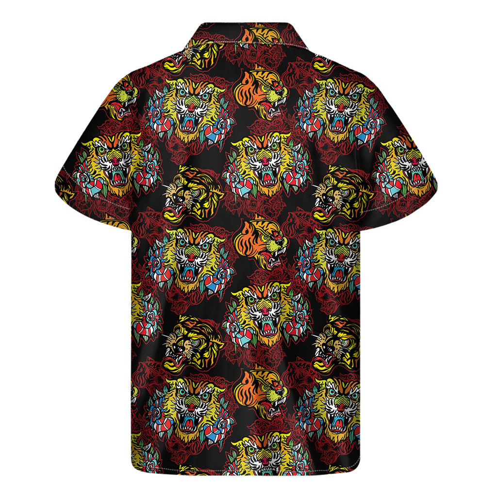 Red Tiger Tattoo Pattern Print Men's Short Sleeve Shirt