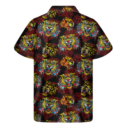Red Tiger Tattoo Pattern Print Men's Short Sleeve Shirt
